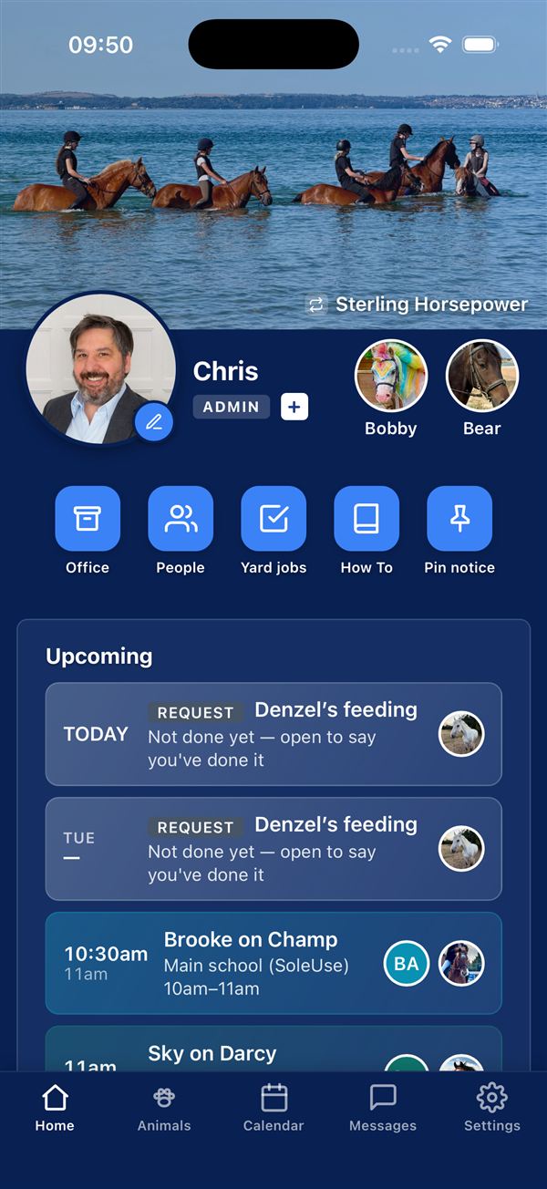 Horsepower app — Today screen with the yard's upcoming rides and requests