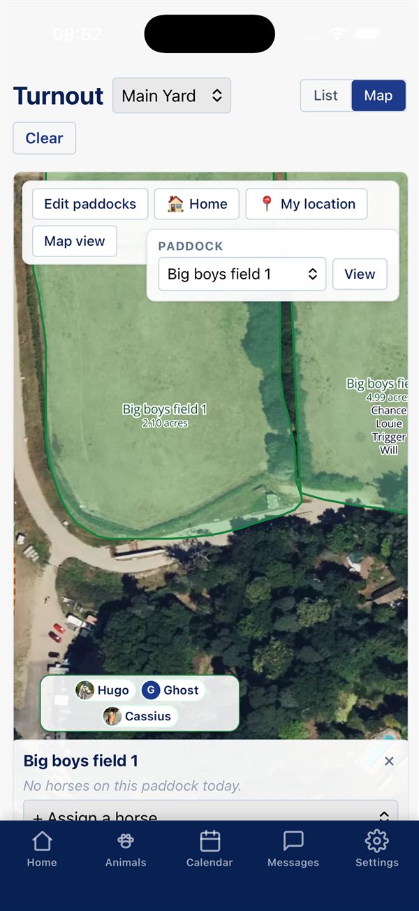 Horsepower app — turnout and paddock map on satellite imagery